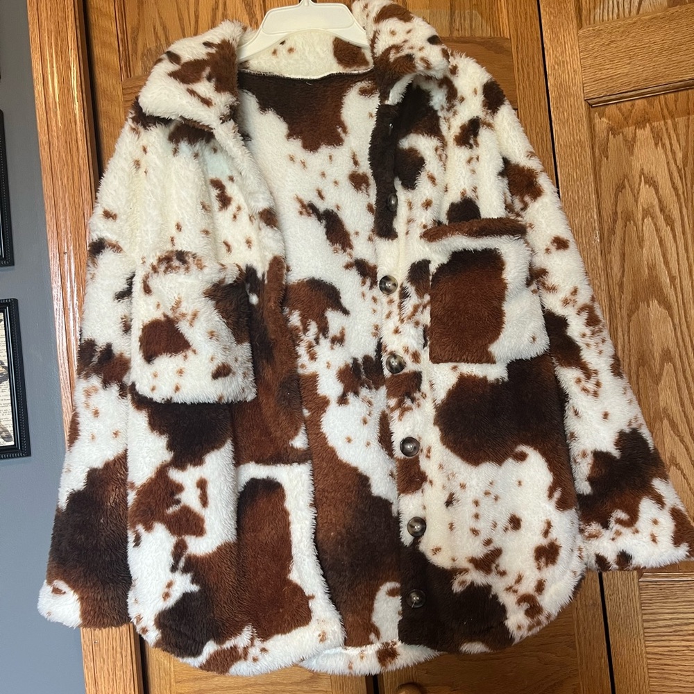 Brown and White Cowprint Faux Fur Coat